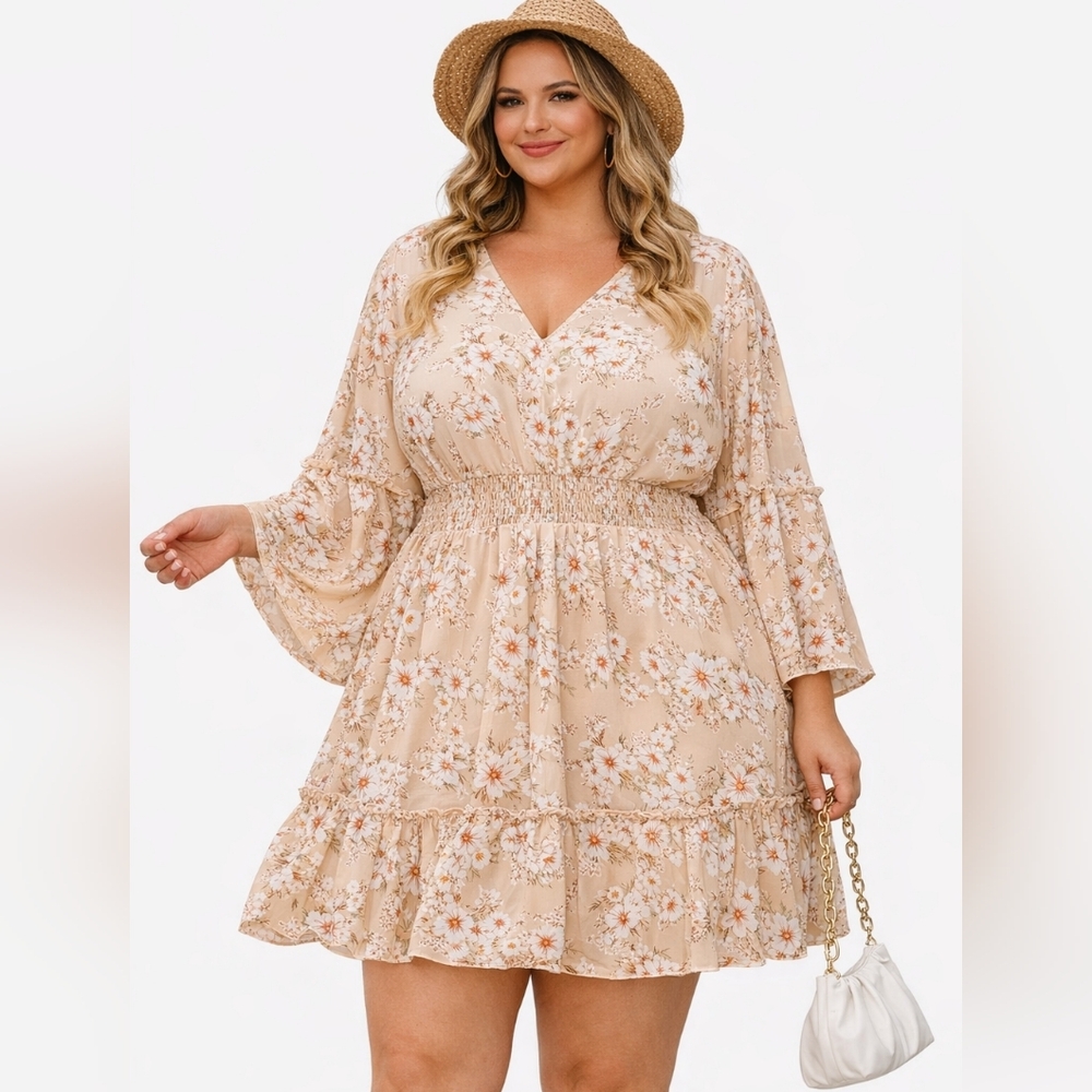 JollyCode Beige Floral Mini Dress Size L Boho Chiffon Smocked Waist Tie Back 39